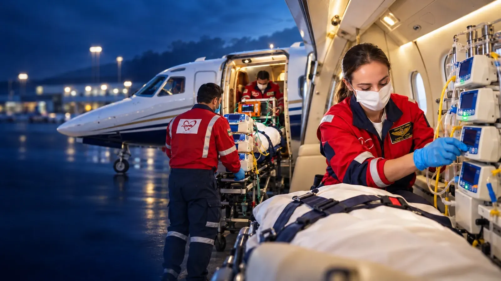 Brasil Vida medical team loading a patient onto an air ambulance jet at night while a flight nurse manages the infusion pumps on board