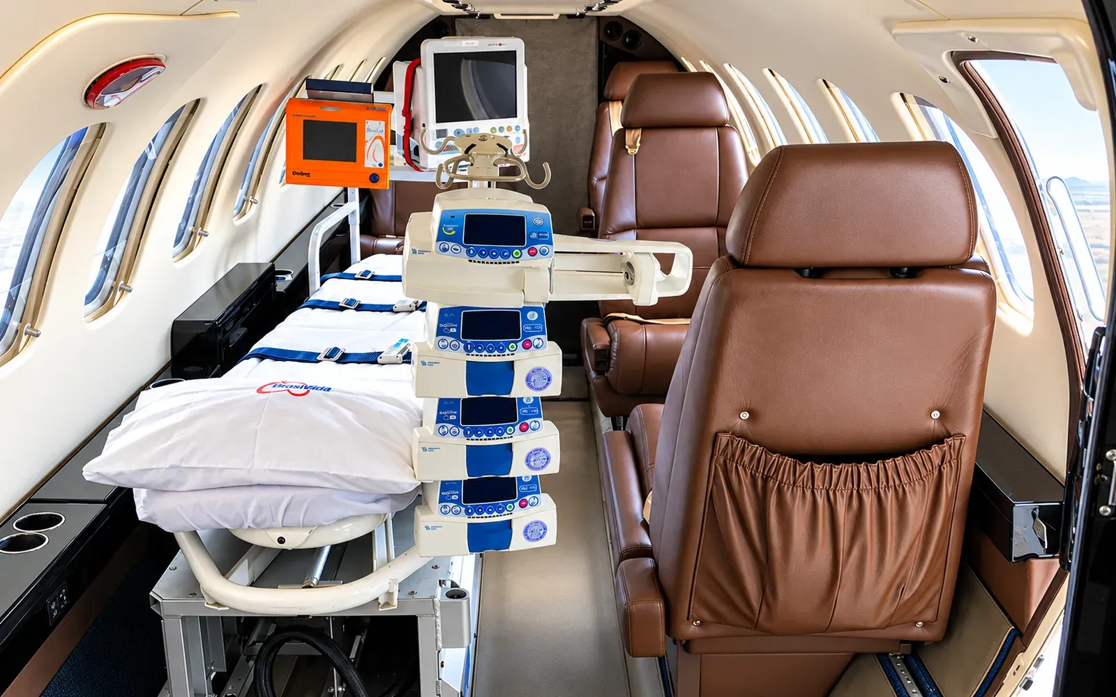 Citation V cabin in aeromedical configuration with stretcher, patient monitor and infusion pumps