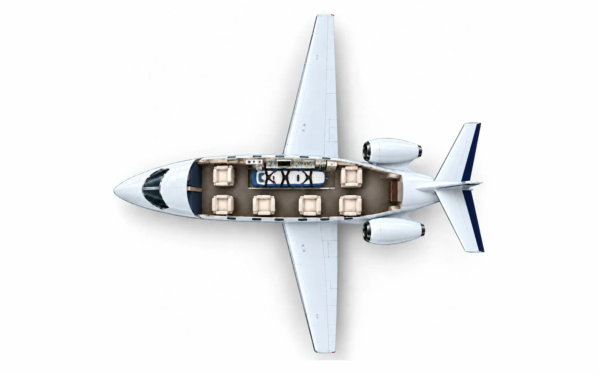 Illustration of the Citation V cabin layout from above, showing the cockpit, aeromedical stretcher position and cabin seating