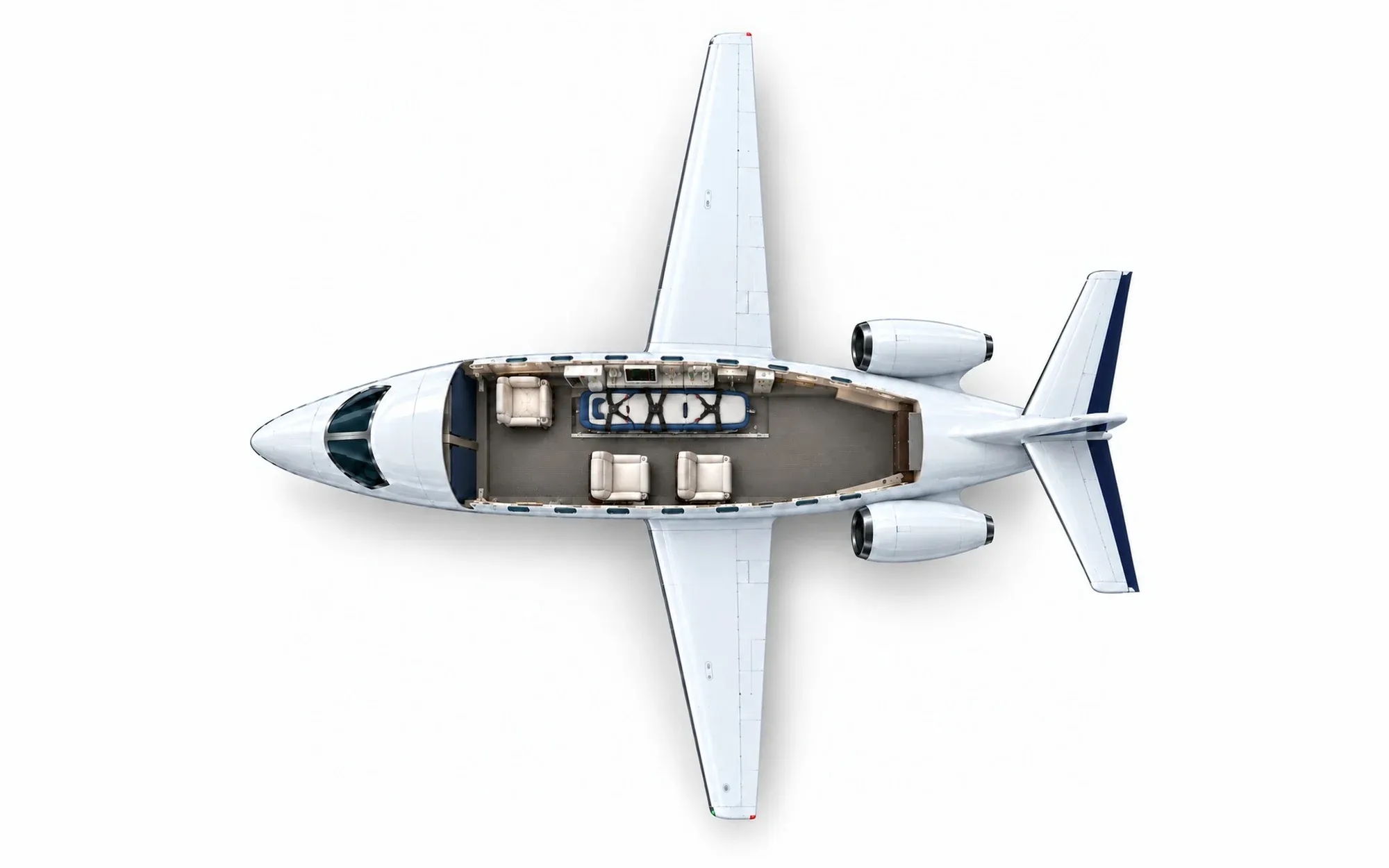 Illustration of the CitationJet cabin layout from above, showing the cockpit, aeromedical stretcher position and cabin seating