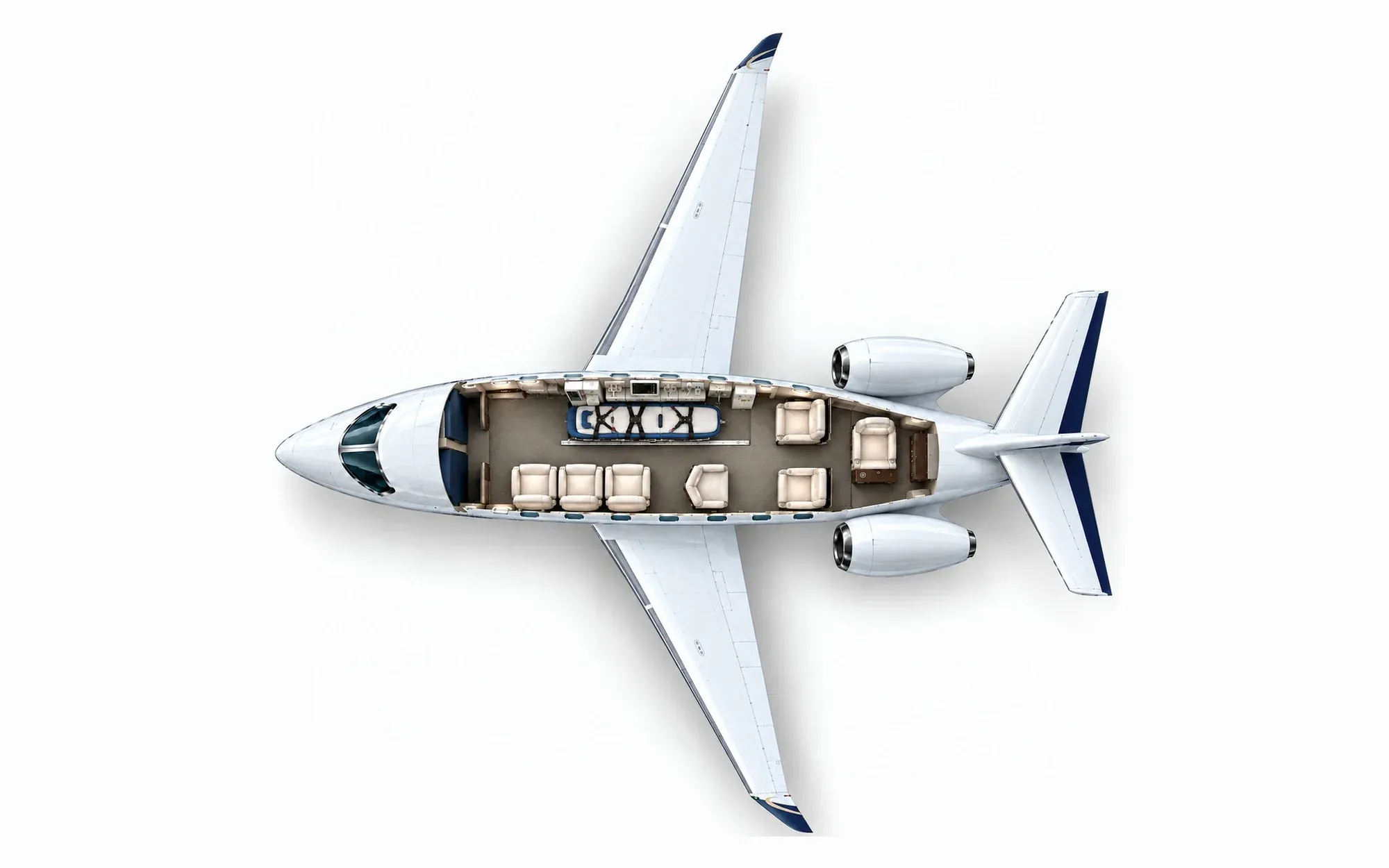 Illustration of the Gulfstream G100 cabin layout from above, showing the cockpit, aeromedical stretcher position and cabin seating