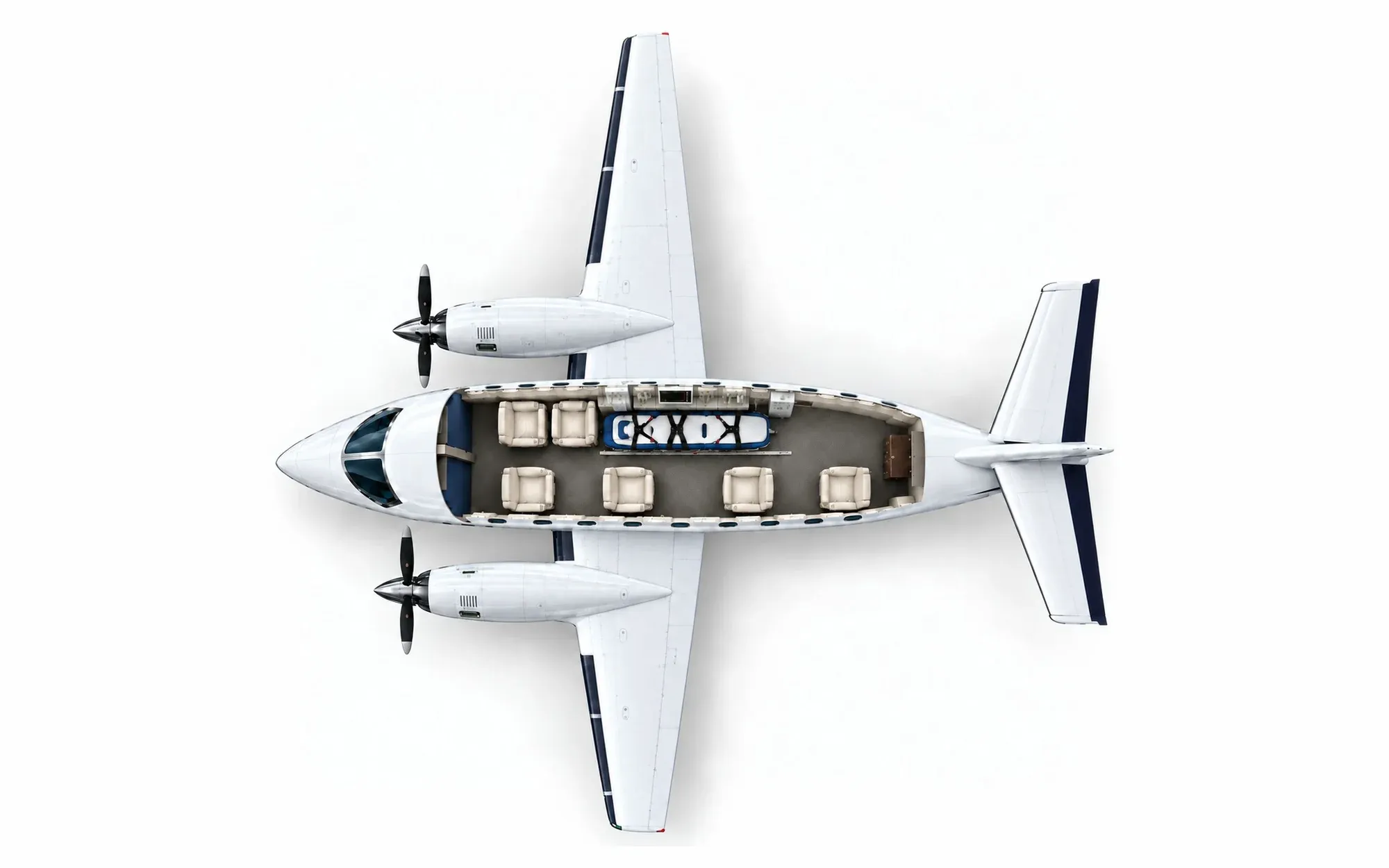Illustration of the King Air 200 cabin layout from above, showing the cockpit, aeromedical stretcher position and cabin seating