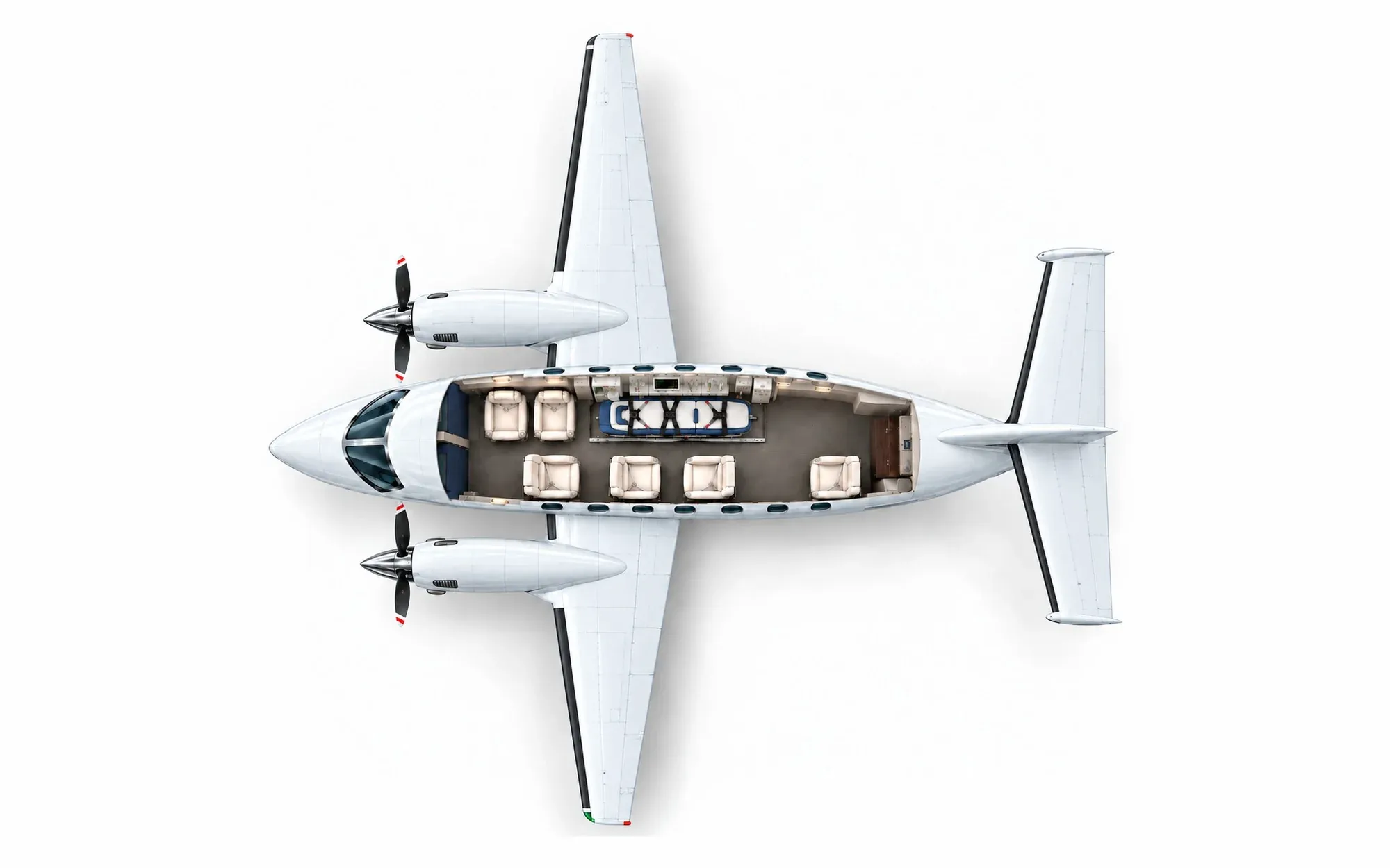 Illustration of the King Air B200 cabin layout from above, showing the cockpit, aeromedical stretcher position and cabin seating