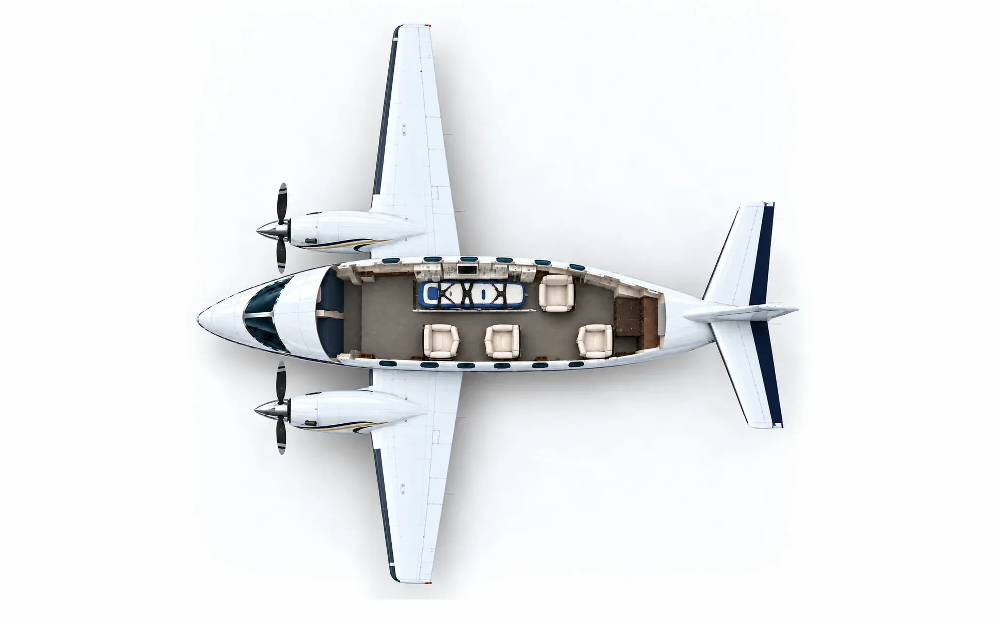 Illustration of the King Air C90 cabin layout from above, showing the cockpit, aeromedical stretcher position and cabin seating