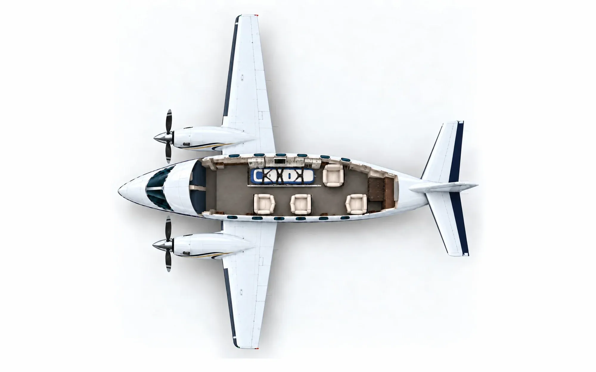 Illustration of the King Air C90GT cabin layout from above, showing the cockpit, aeromedical stretcher position and cabin seating