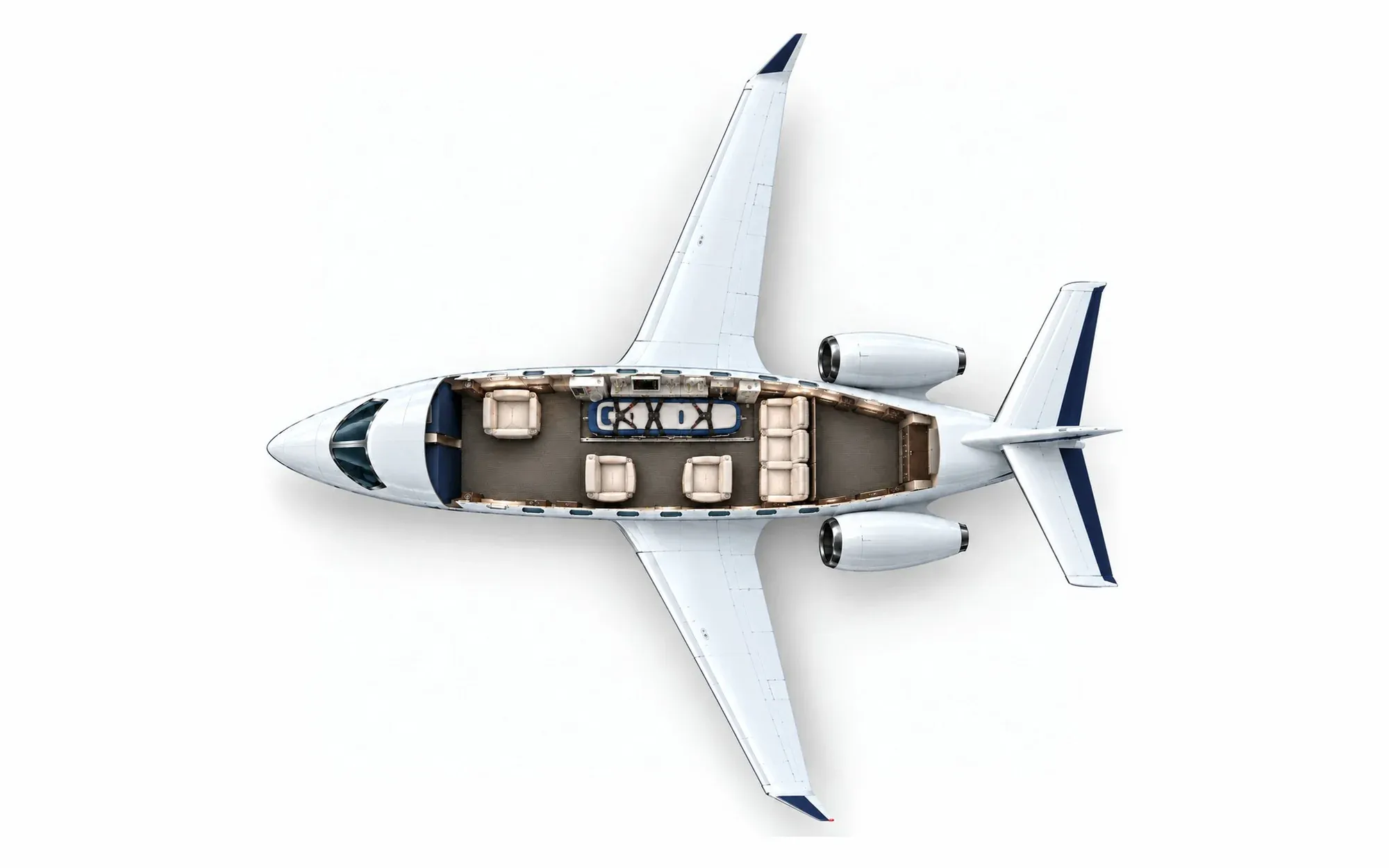 Illustration of the Learjet 31A cabin layout from above, showing the cockpit, aeromedical stretcher position and cabin seating