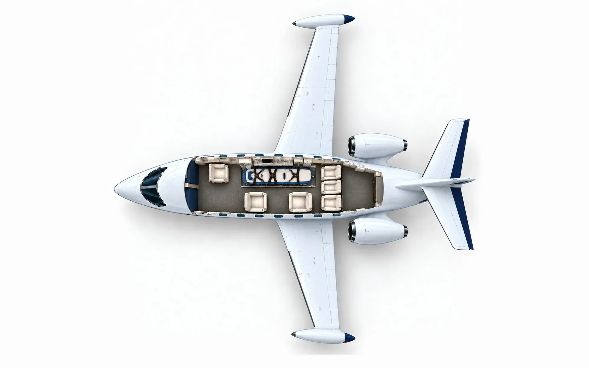 Illustration of the Learjet 35A cabin layout from above, showing the cockpit, aeromedical stretcher position and cabin seating