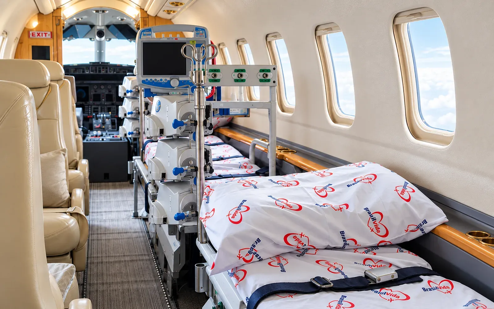 Learjet 45 cabin in aeromedical configuration with stretcher, patient monitor and infusion pumps
