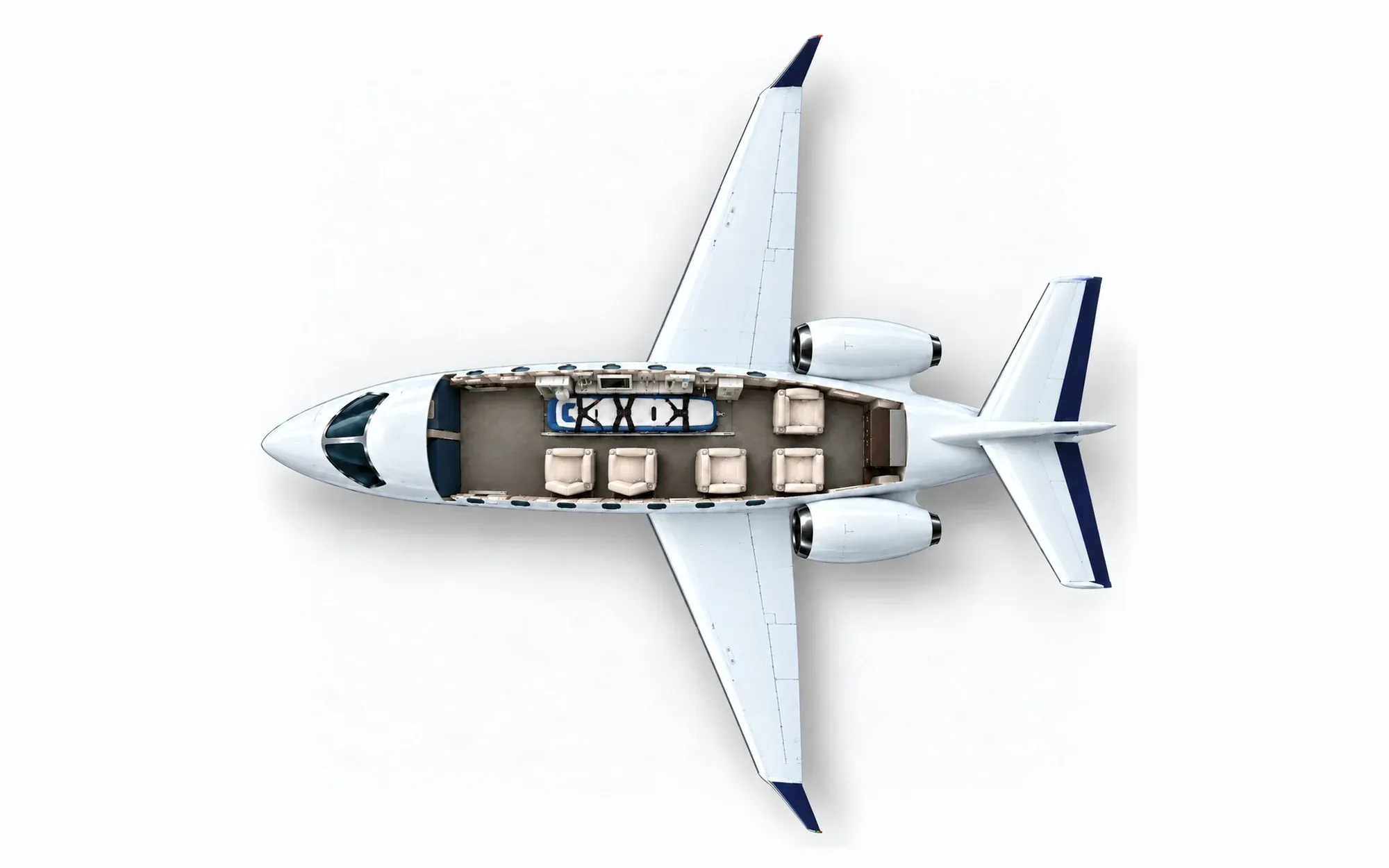 Illustration of the Learjet 45 cabin layout from above, showing the cockpit, aeromedical stretcher position and cabin seating