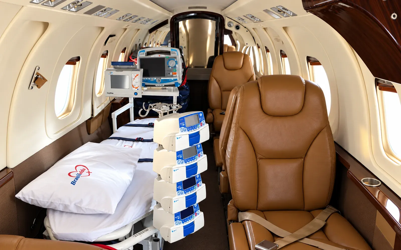 Westwind I cabin in aeromedical configuration with stretcher, patient monitor and infusion pumps