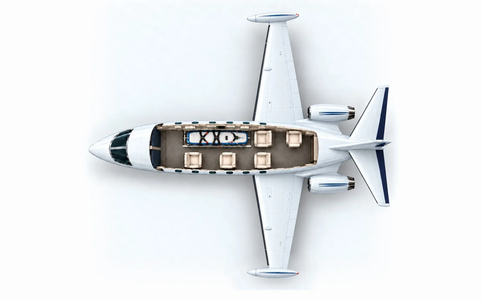Illustration of the Westwind I cabin layout from above, showing the cockpit, aeromedical stretcher position and cabin seating