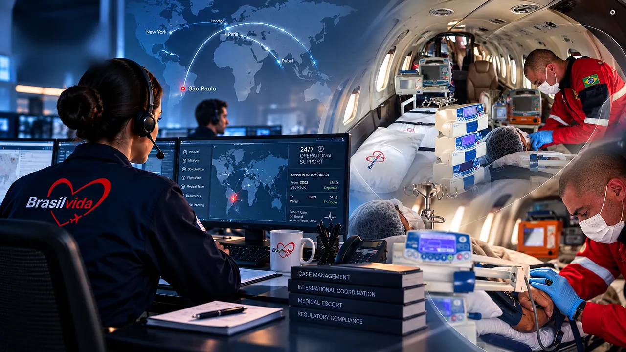Brasil Vida coordinator tracking an international mission in the operations center while the medical team cares for a patient on board
