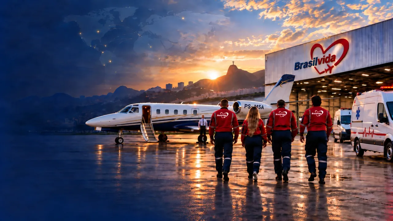 Brasil Vida medical crew walking toward an air ambulance jet outside the company hangar at sunset