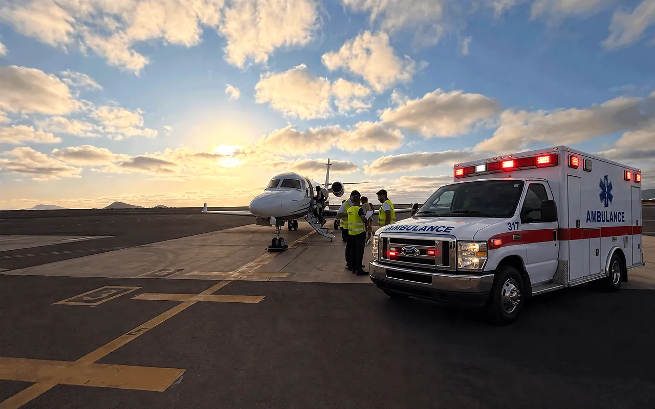 Ground ambulance meeting an air ambulance jet on the ramp at dusk for a patient handover