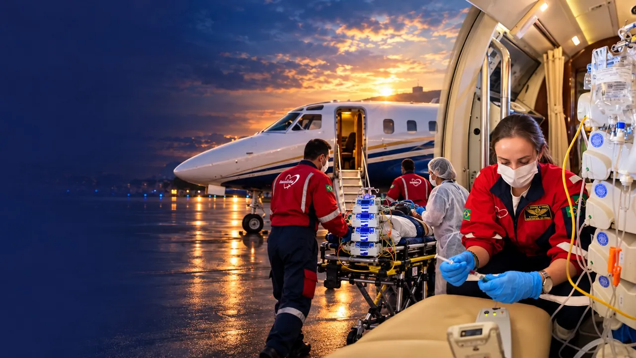 Brasil Vida medical team transferring a patient on a stretcher to the aircraft while a flight nurse prepares medication on board