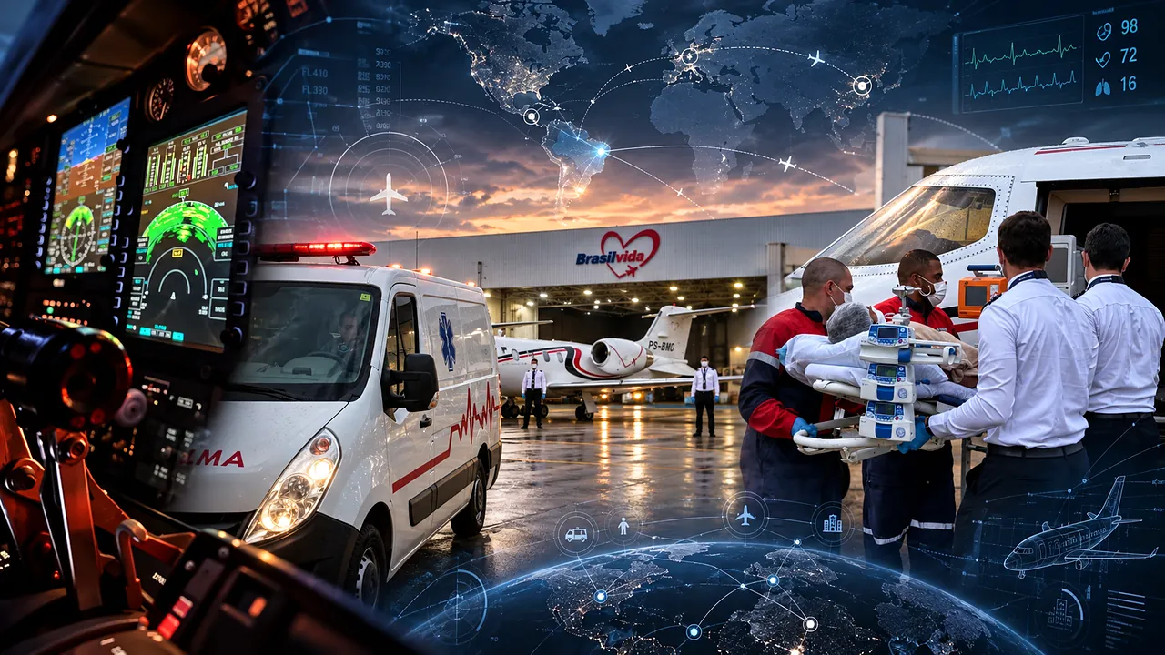 Flight deck instruments, ground ambulance and medical crew loading a patient, set against a global route network